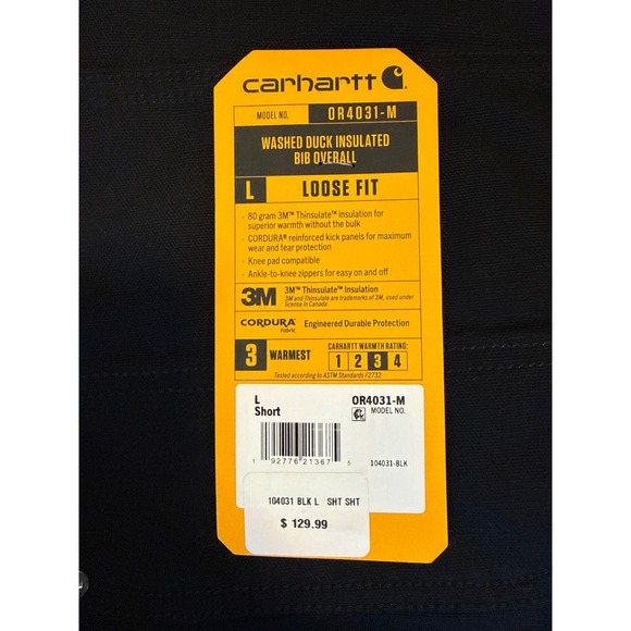 Carhartt OR4031-M Washed Duck Insulated Bib Overalls Black Mens Large Short NWT - Picture 5 of 5